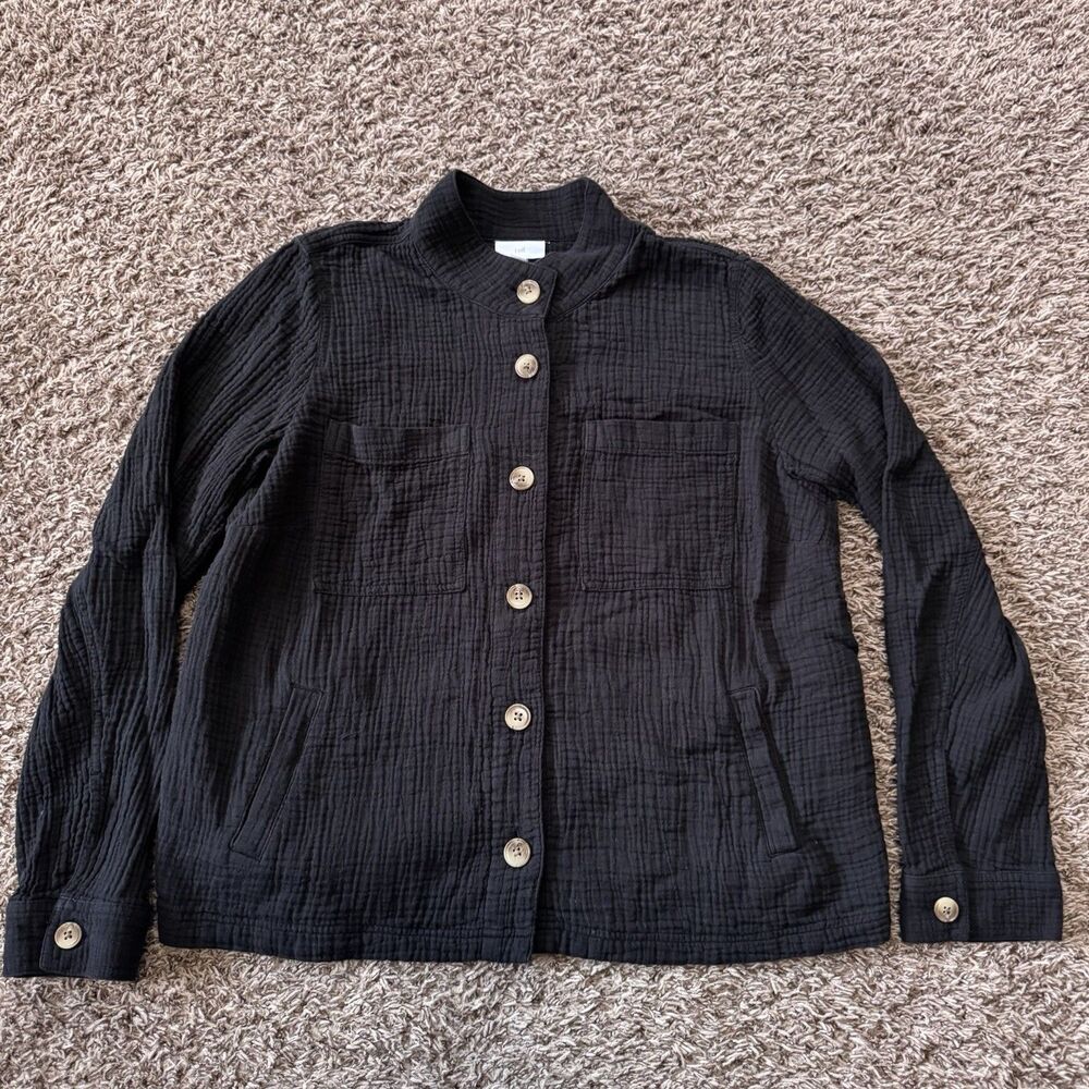 J. Jill Medium Black Cotton Gauze Shirt Jacket Button Front Crinkle Pockets